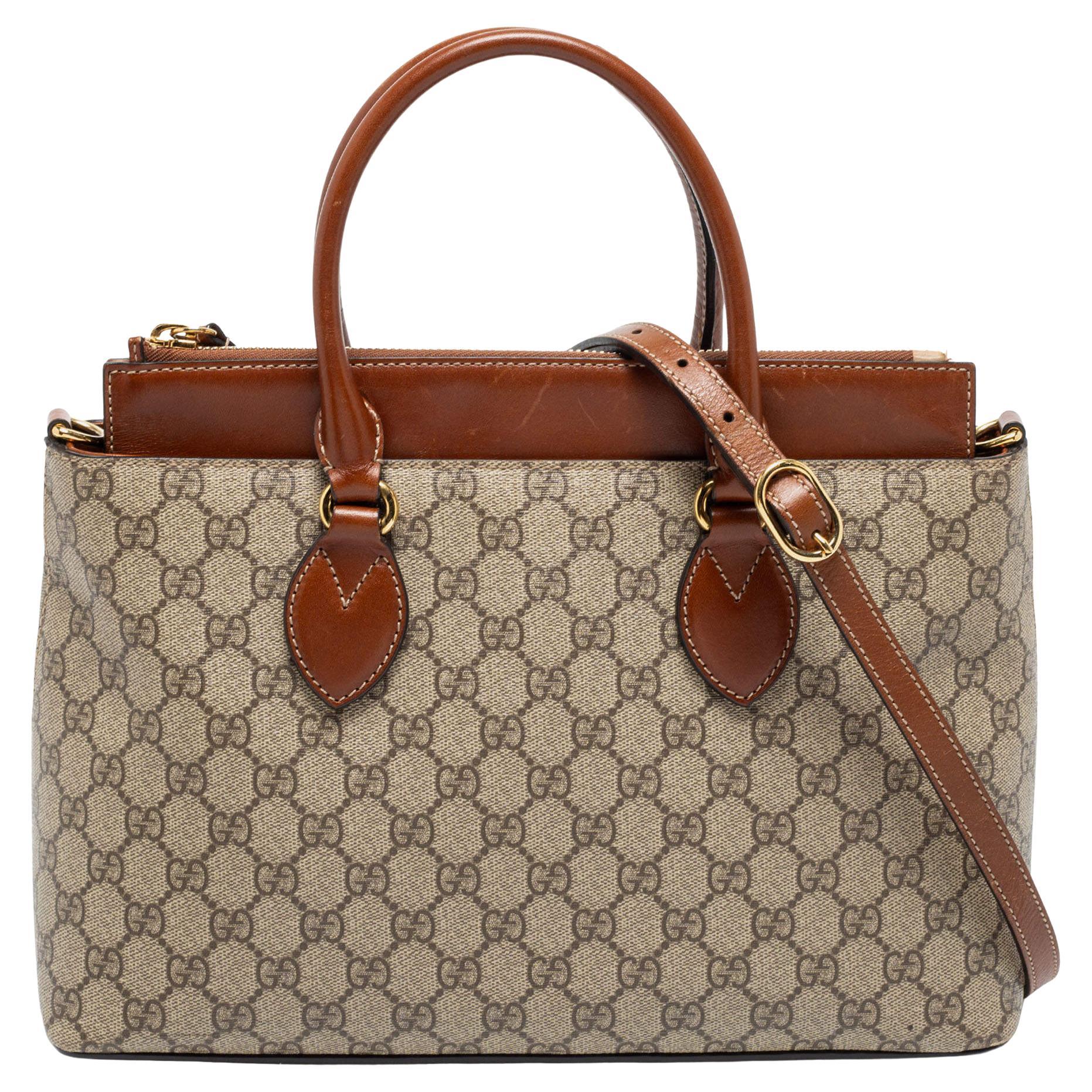 Gucci Beige GG Supreme Leather Small Top Zip Tote For Sale at 1stDibs