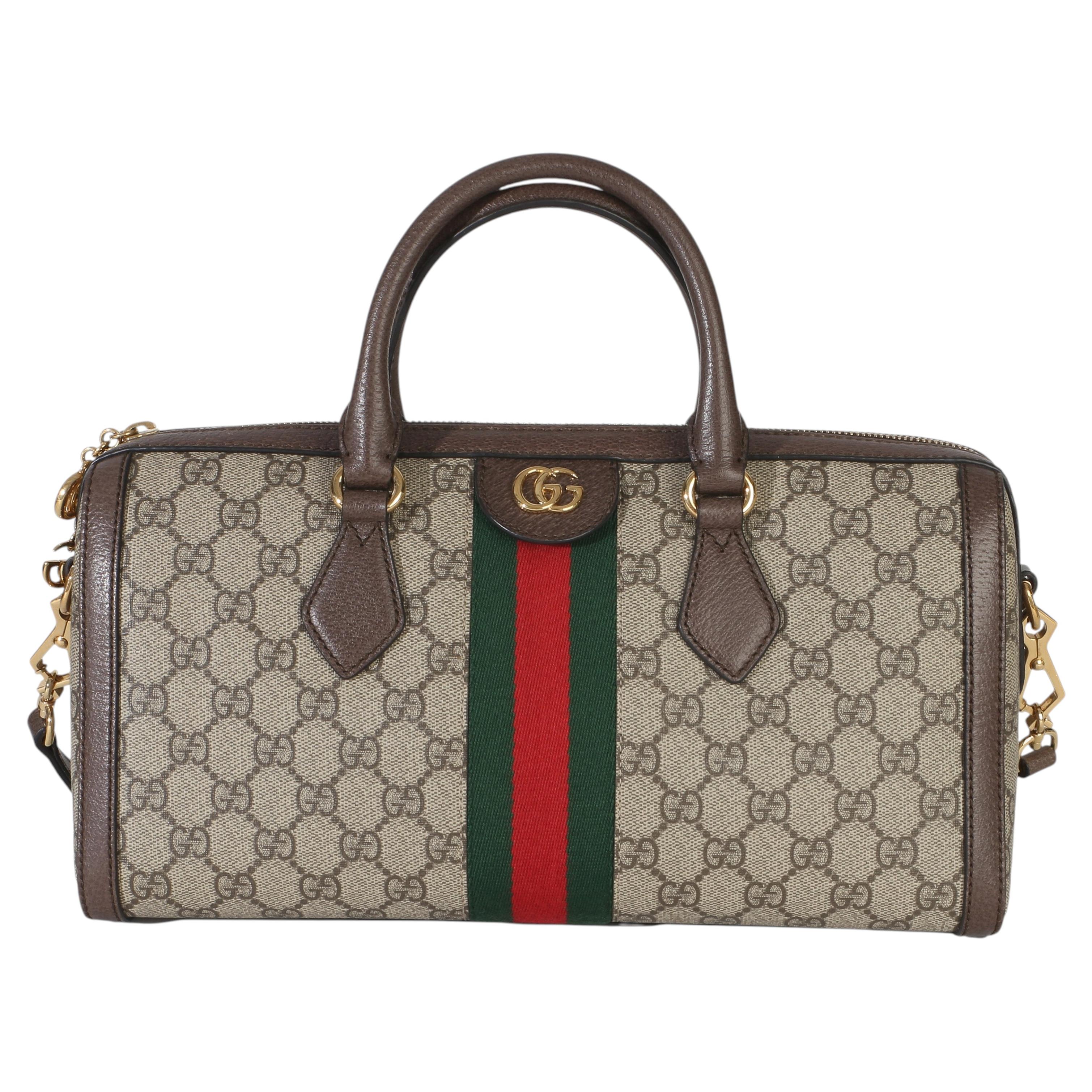 Gucci Beige GG Supreme Monogram Canvas Web Medium Ophidia Boston Bag