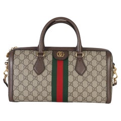 Gucci Beige GG Supreme Monogram Canvas Web Medium Ophidia Boston Bag