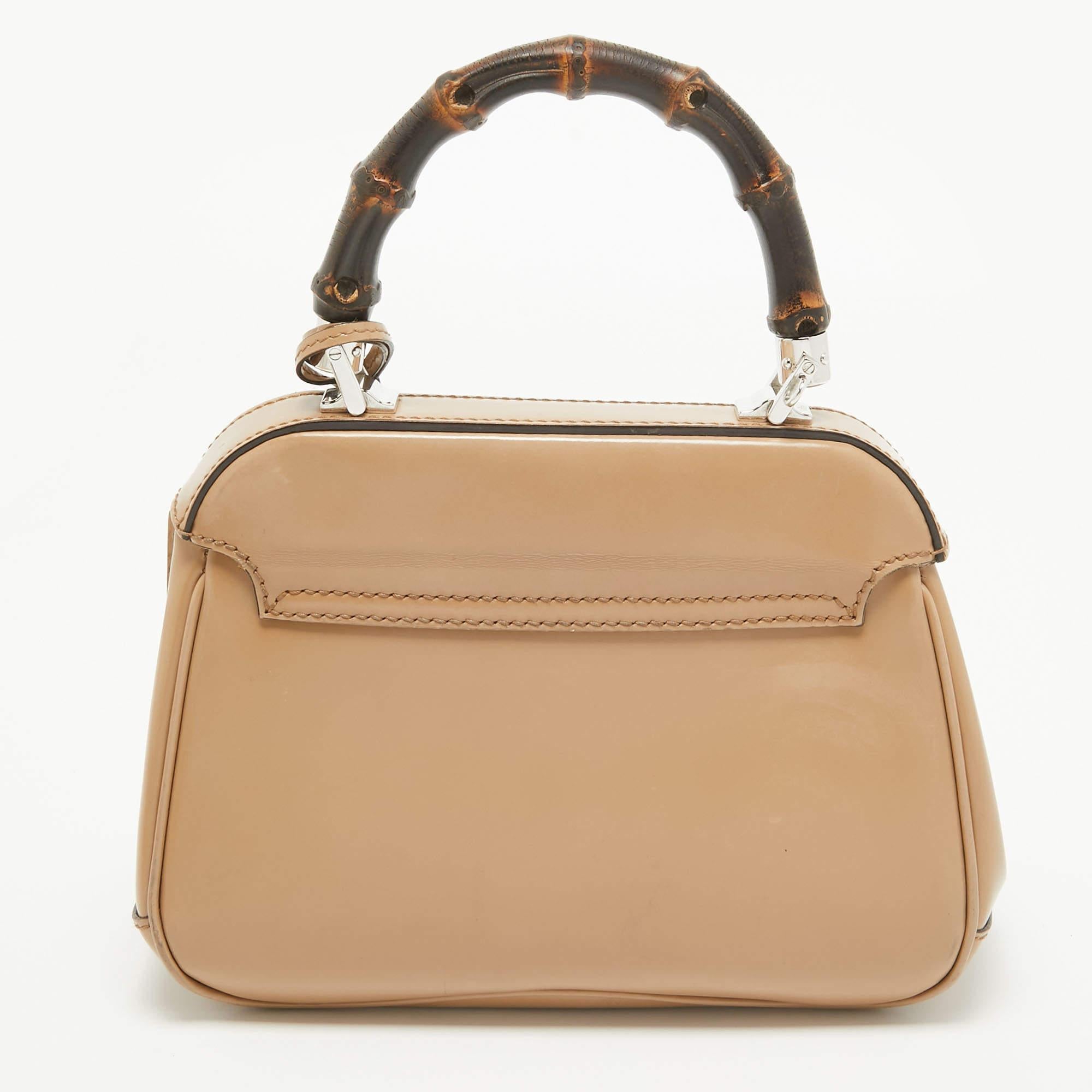 Women's Gucci Beige Glossy Leather Mini Lady Lock Bamboo Top Handle Bag
