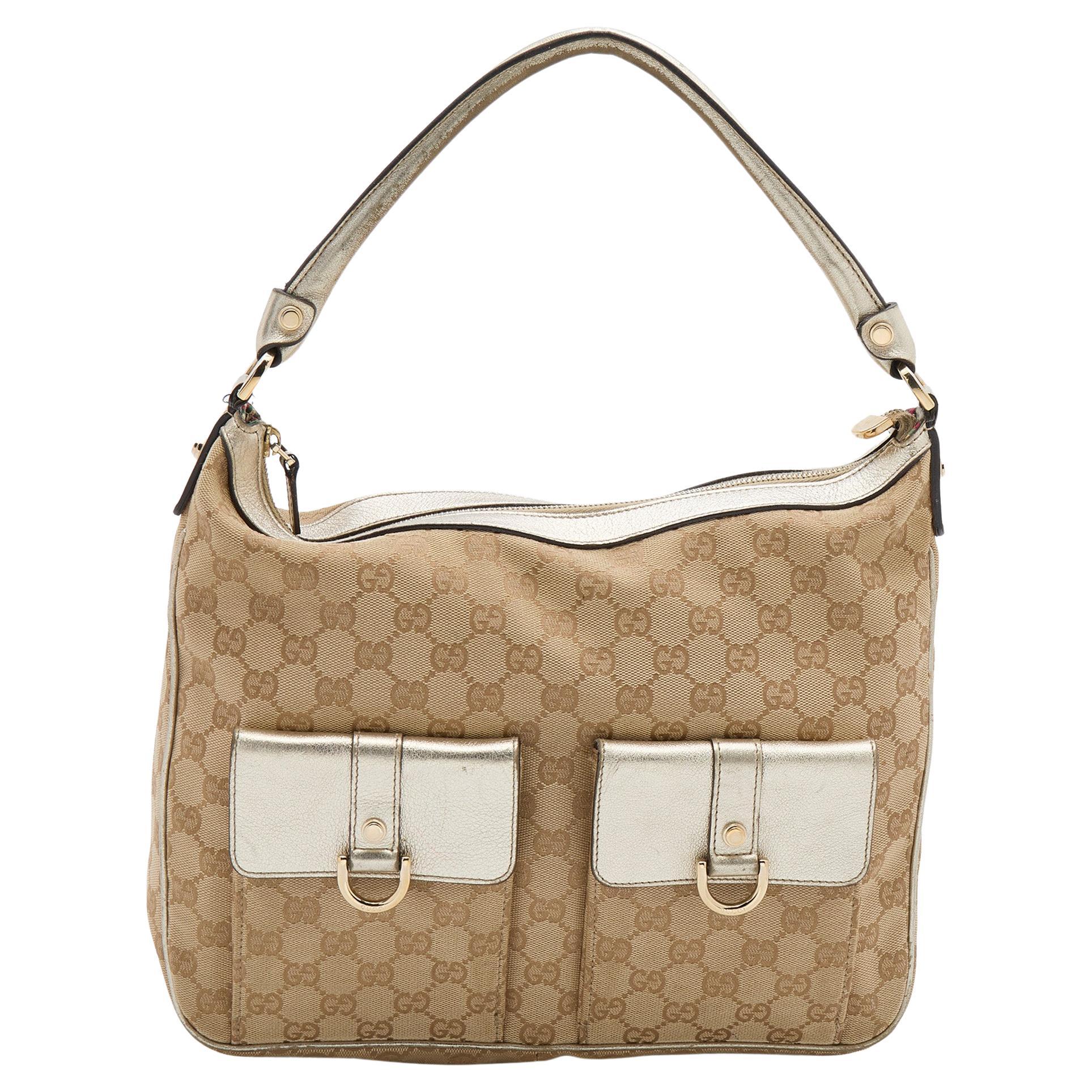 Gucci Beige/Gold GG Canvas and Leather Abbey D-Ring Hobo
