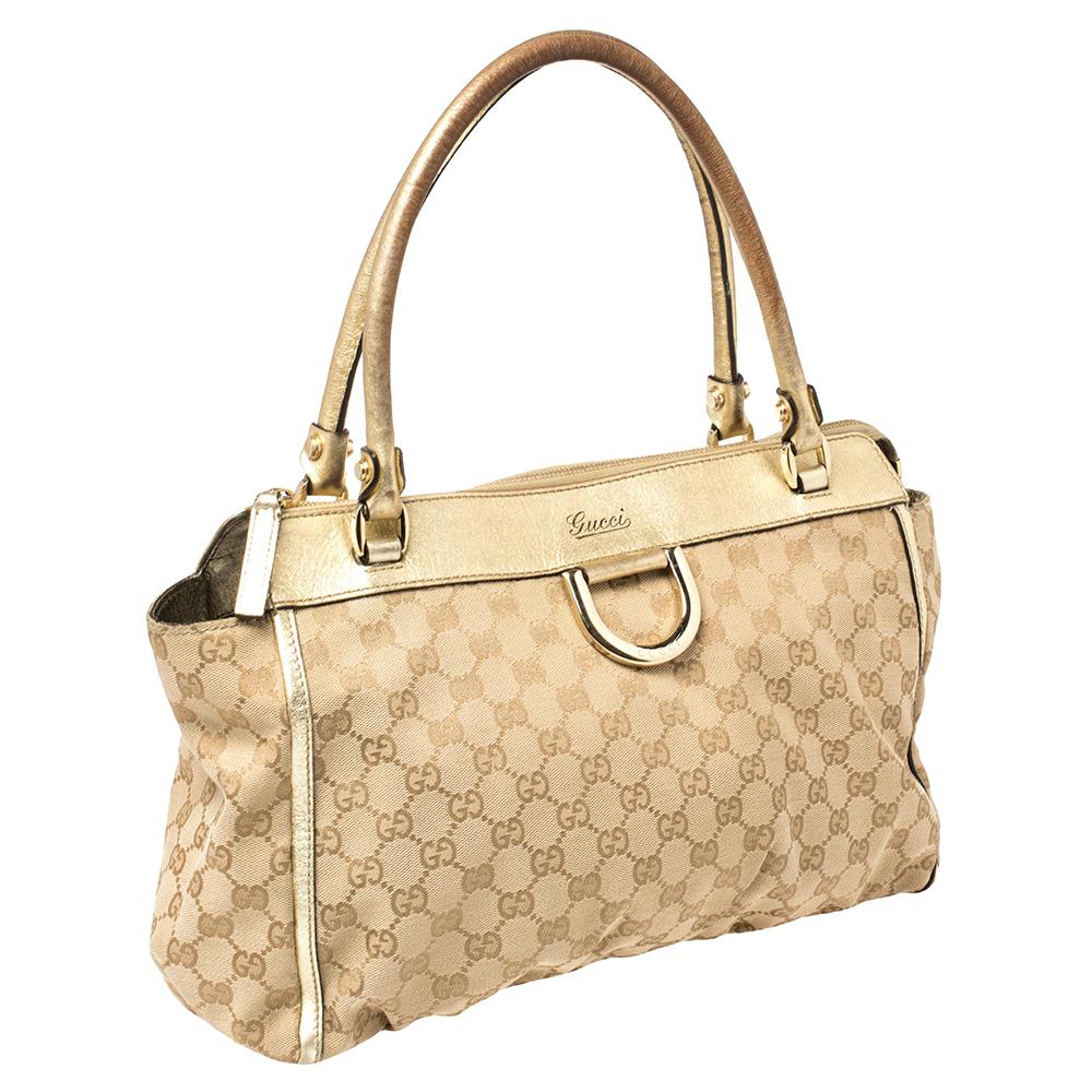 Gucci Beige/Gold GG Canvas and Leather Abbey D-Ring Satchel In Fair Condition In Dubai, Al Qouz 2