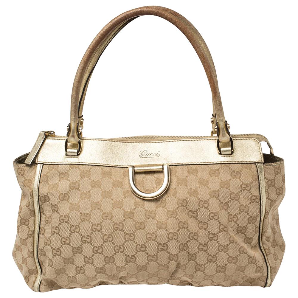 Gucci Beige/Gold GG Canvas and Leather Abbey D-Ring Satchel