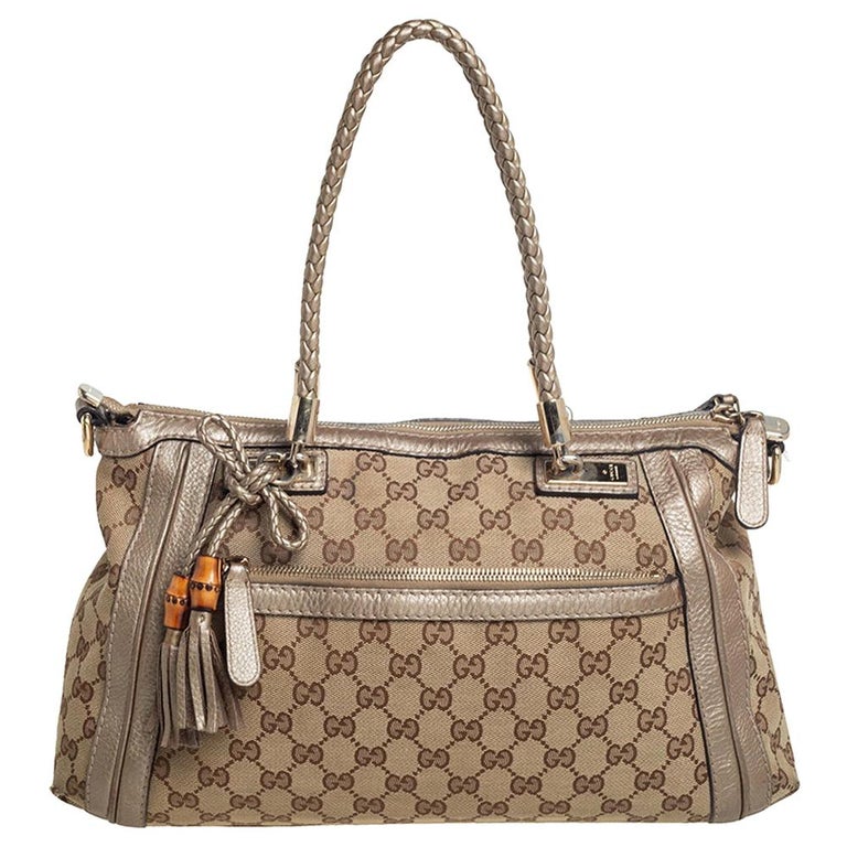 Gucci Beige/Gold GG Canvas and Leather Bell Tote For Sale at 1stDibs