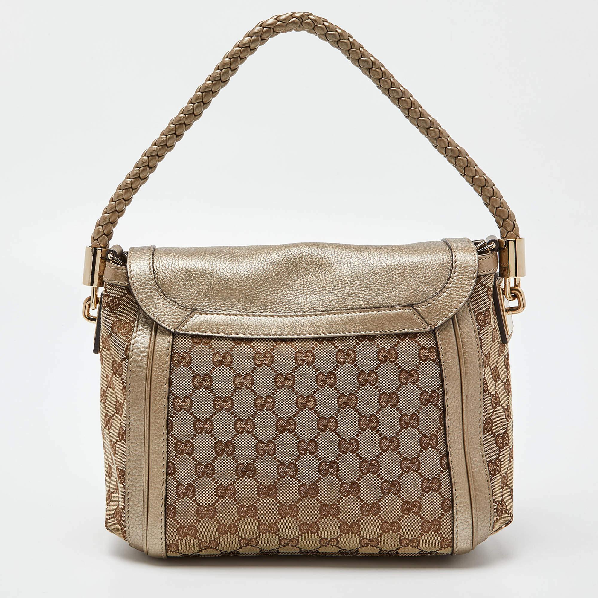 Brown Gucci Beige/Gold GG Canvas and Leather Bella Flap Bag