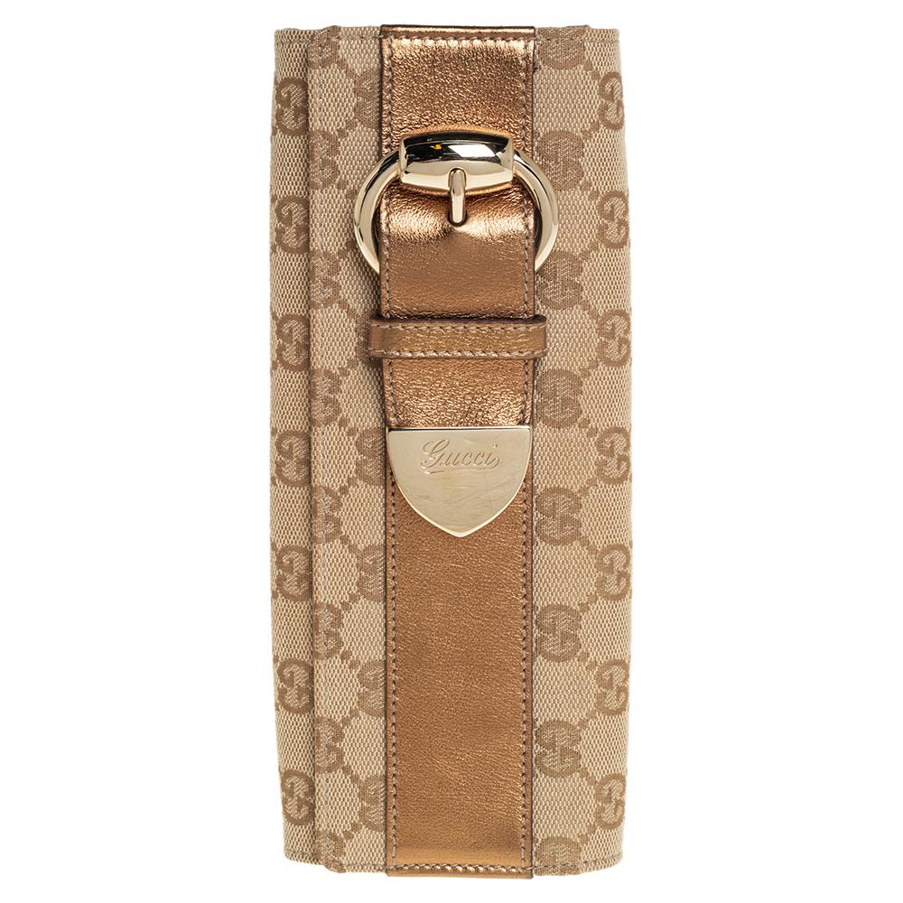 Gucci Beige/Gold GG Canvas and Leather Continental Wallet In Good Condition In Dubai, Al Qouz 2