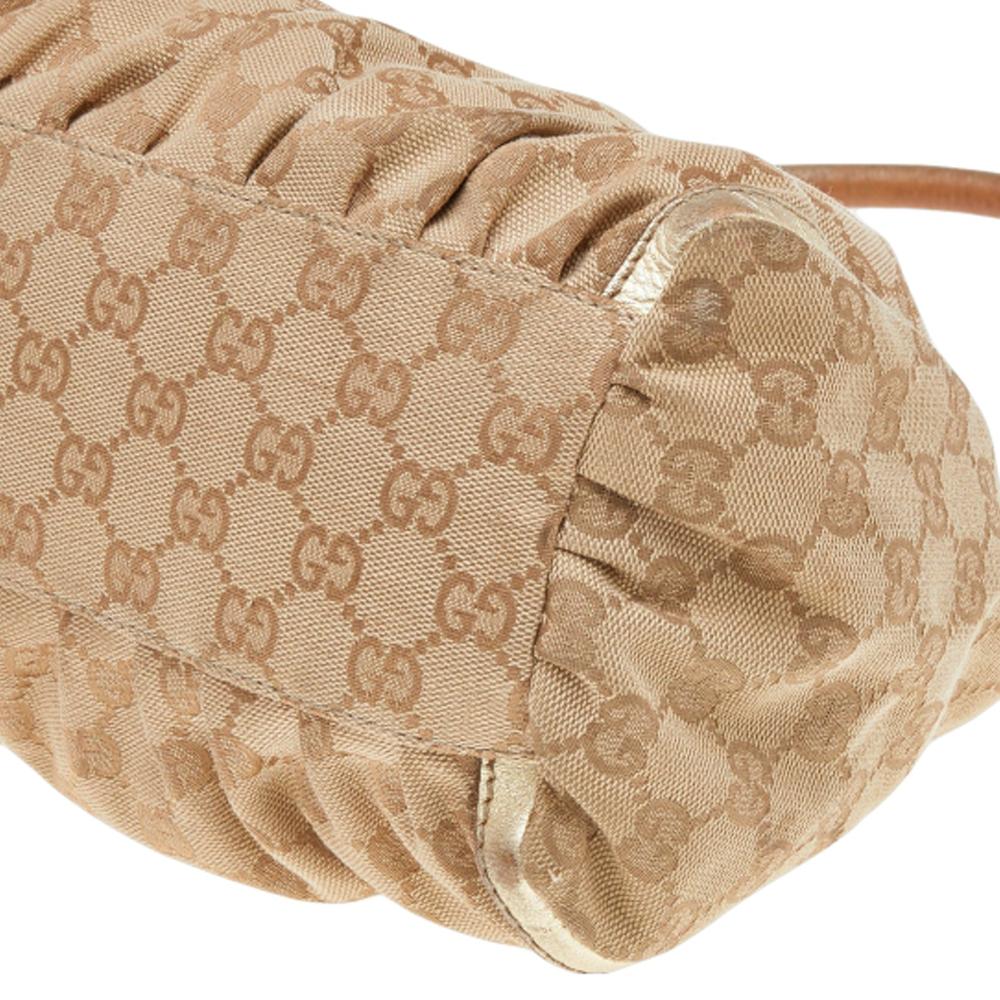 Gucci Beige/Gold GG Canvas And Leather D Ring Hobo For Sale 8