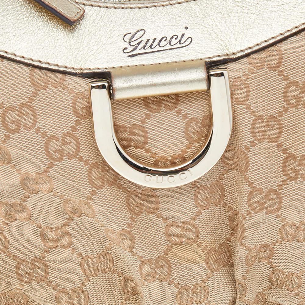 Gucci Beige/Gold GG Canvas And Leather D Ring Hobo For Sale 8