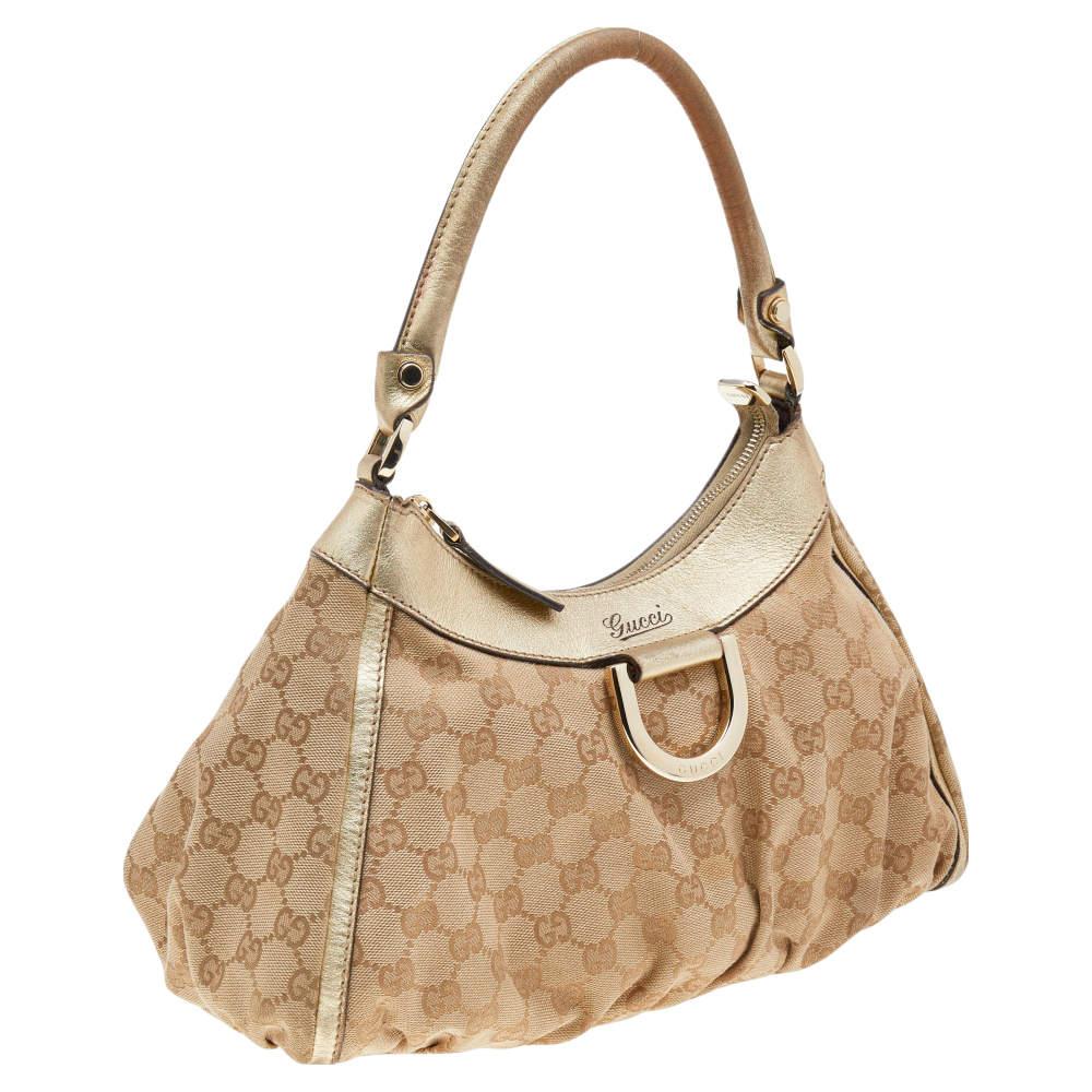 Gucci Beige/Gold GG Canvas And Leather D Ring Hobo In Good Condition For Sale In Dubai, Al Qouz 2