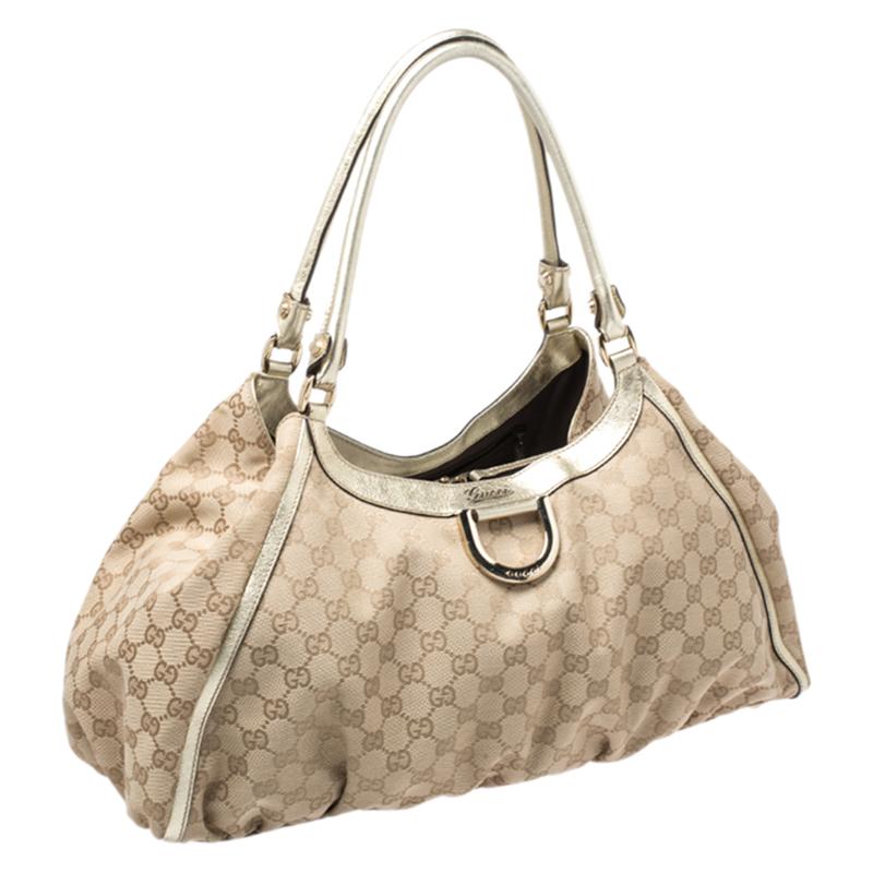 Brown Gucci Beige/Gold GG Canvas and Leather D Ring Hobo