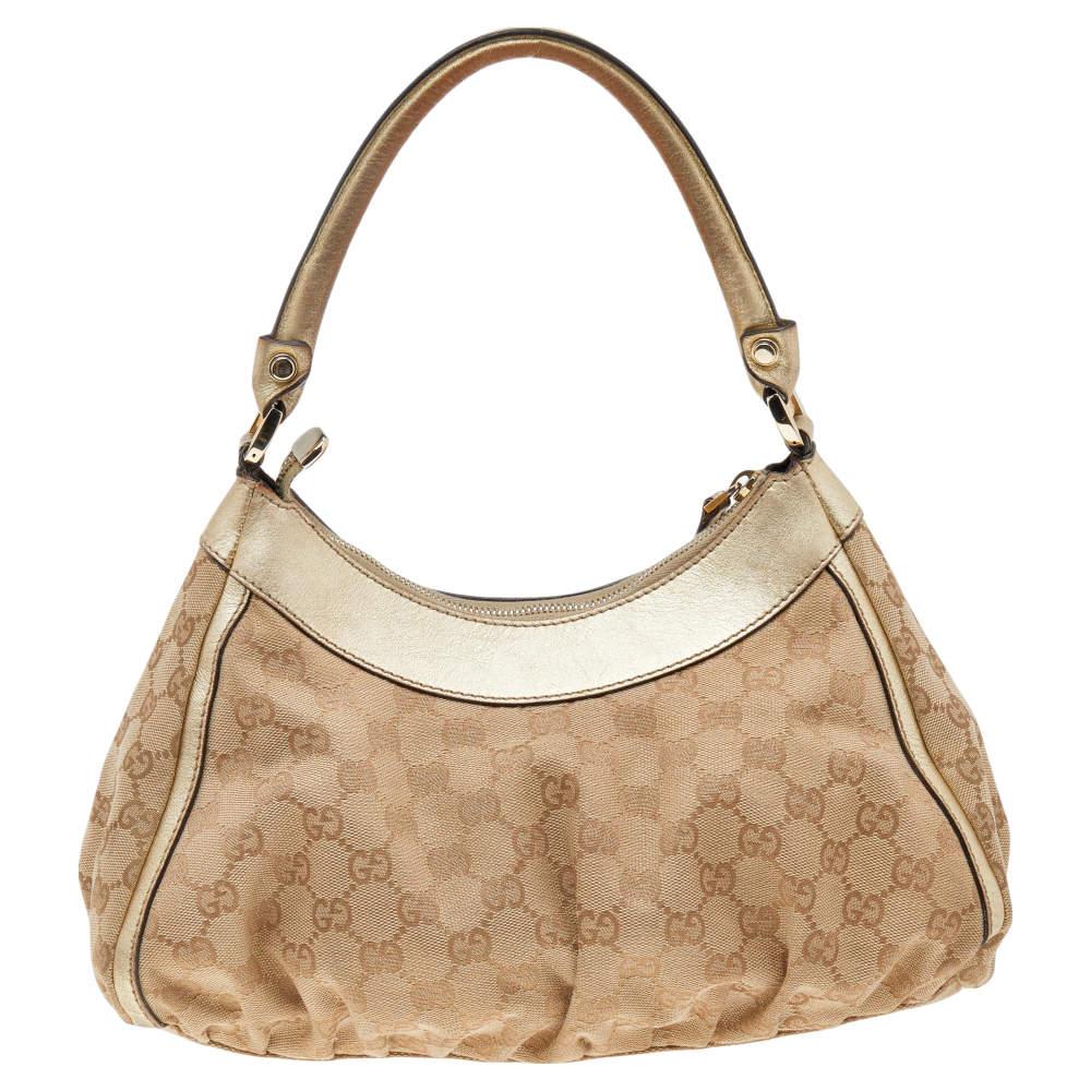 Gucci Beige/Gold GG Canvas And Leather D Ring Hobo For Sale 1