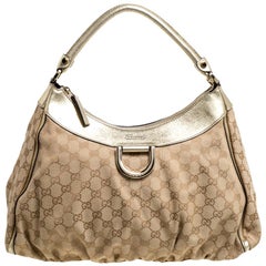 Gucci Beige/Gold GG Canvas and Leather D Ring Hobo