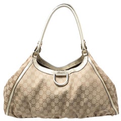 Gucci Beige/Gold GG Canvas and Leather D Ring Hobo