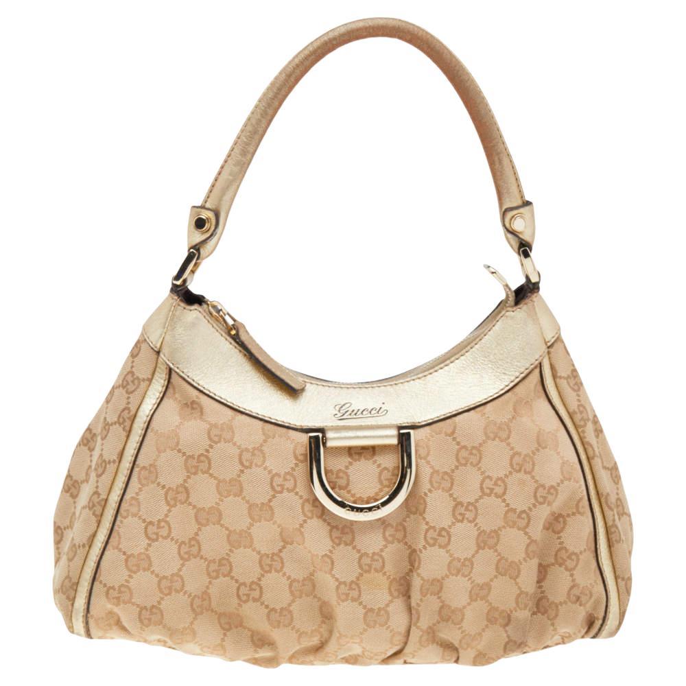 Gucci Beige/Gold GG Canvas And Leather D Ring Hobo For Sale