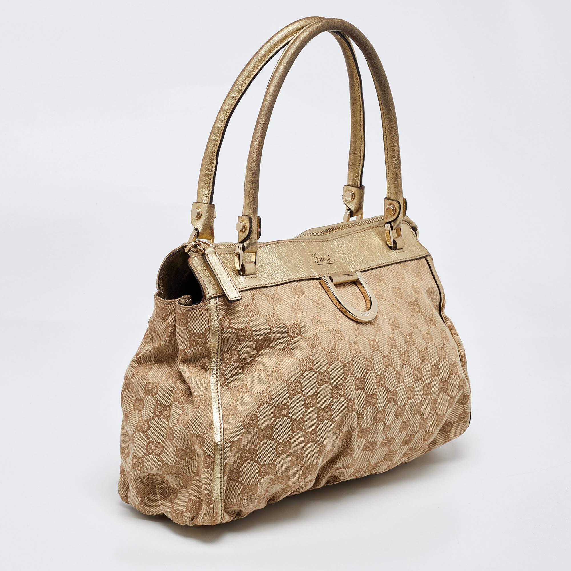 Brown Gucci Beige/Gold GG Canvas and Leather D Ring Satchel