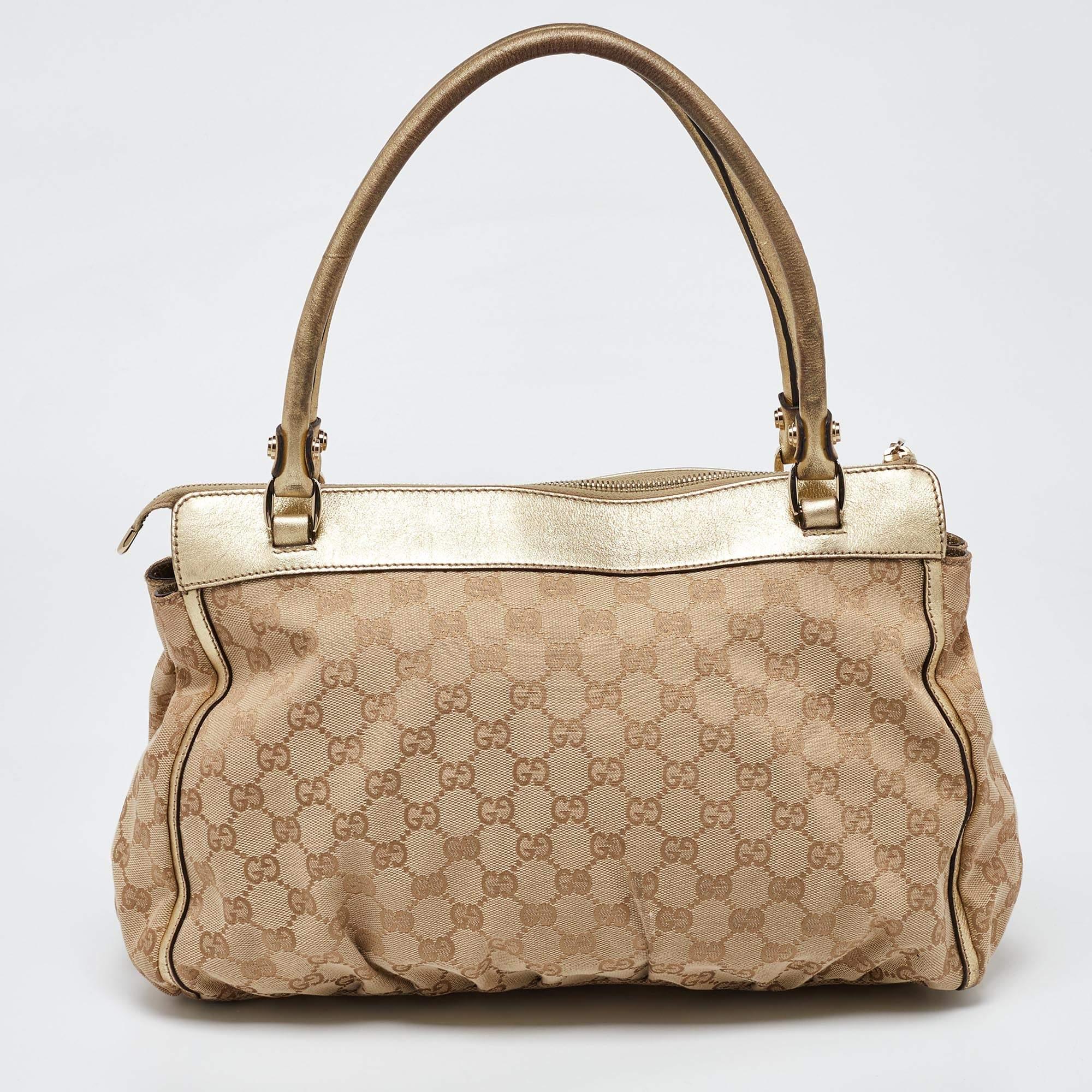 Gucci Beige/Gold GG Canvas and Leather D Ring Satchel In Fair Condition In Dubai, Al Qouz 2