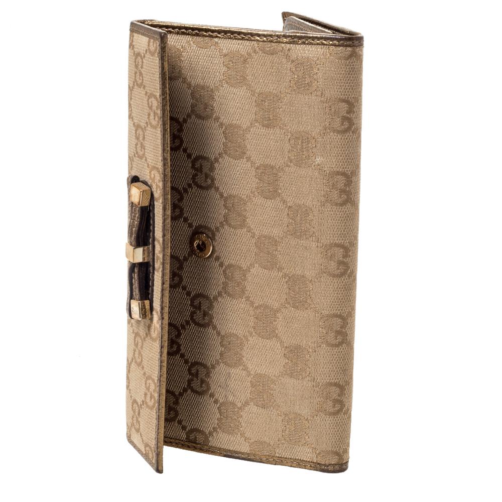 Gucci Beige/Gold GG Canvas and Leather Mayfair Bow Continental Wallet 3