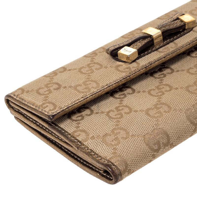 Gucci Beige/Gold GG Canvas and Leather Mayfair Bow Continental Wallet 4