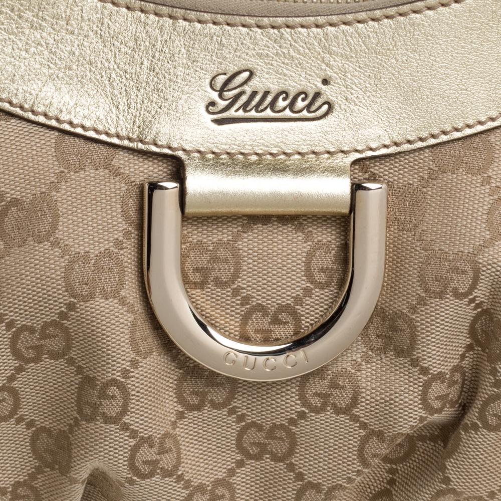 Gucci Beige/Gold GG Canvas and Leather Small D Ring Hobo 7