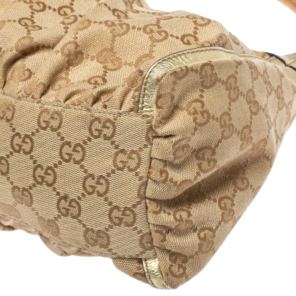 Gucci Beige/Gold GG Canvas and Leather Small D Ring Hobo 2