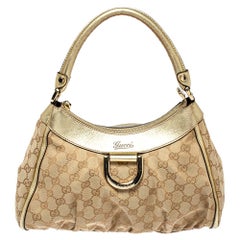 Gucci Beige/Gold GG Canvas and Leather Small D Ring Hobo
