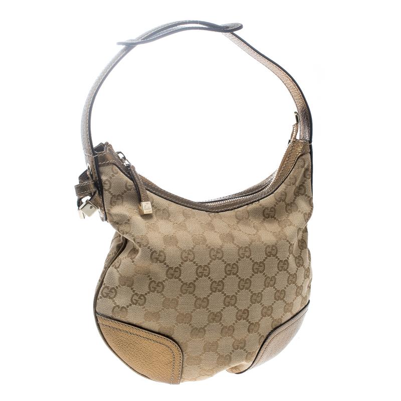 Brown Gucci Beige/Gold GG Canvas and Leather Small Princy Hobo