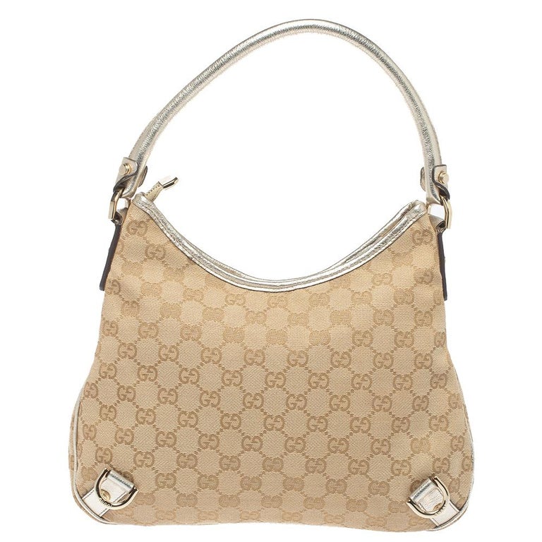Gucci Gold/Beige GG Canvas and Leather Large Abbey D-Ring Hobo
