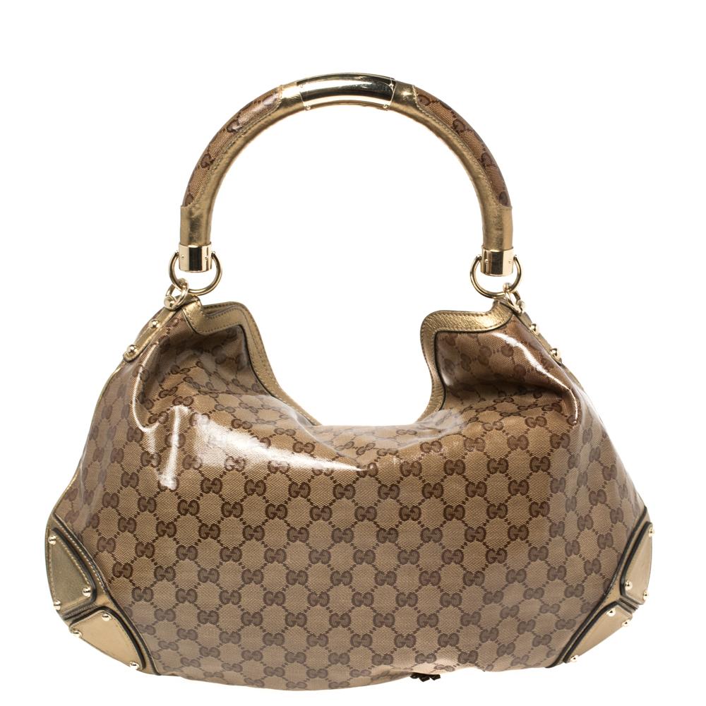Gucci Beige/Gold GG Crystal Canvas and Leather Large Babouska Indy Hobo In Good Condition In Dubai, Al Qouz 2