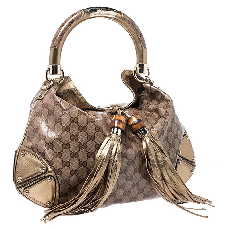Gucci Beige/Gold GG Crystal Canvas and Leather Medium Babouska Indy Hobo In Good Condition In Dubai, Al Qouz 2