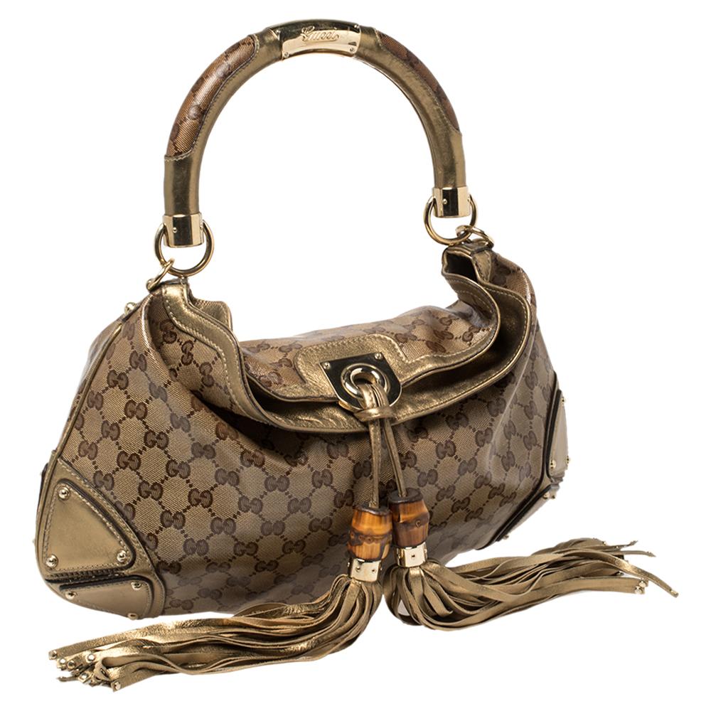 Gucci Beige/Oro GG Lienzo Cristal y Piel Babouska Indy Hobo Mediano en Bastante bueno Estado en Dubai, Al Qouz 2