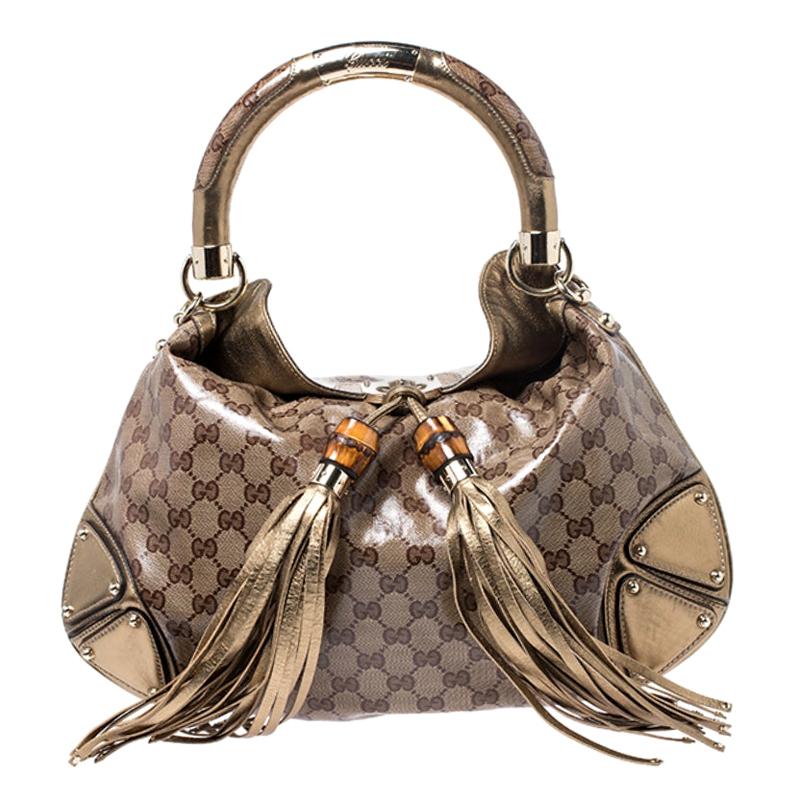 Gucci Beige/Gold GG Crystal Canvas and Leather Medium Babouska Indy Hobo