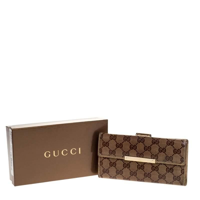 Gucci Beige/Gold GG Crystal Canvas & Leather Logo Metal Plate Continental Wallet 5