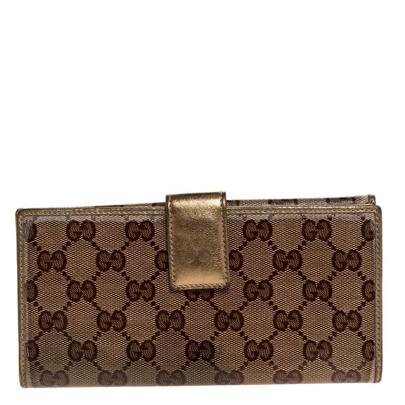 Women's Gucci Beige/Gold GG Crystal Canvas & Leather Logo Metal Plate Continental Wallet