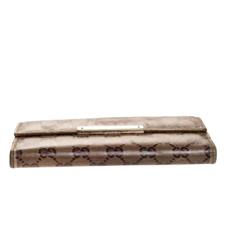 Gucci Beige/Gold GG Crystal Canvas & Leather Logo Metal Plate Continental Wallet 2