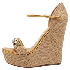 Gucci Beige/Gold Jute and Leather Crystal Embellished Sandals Size 39