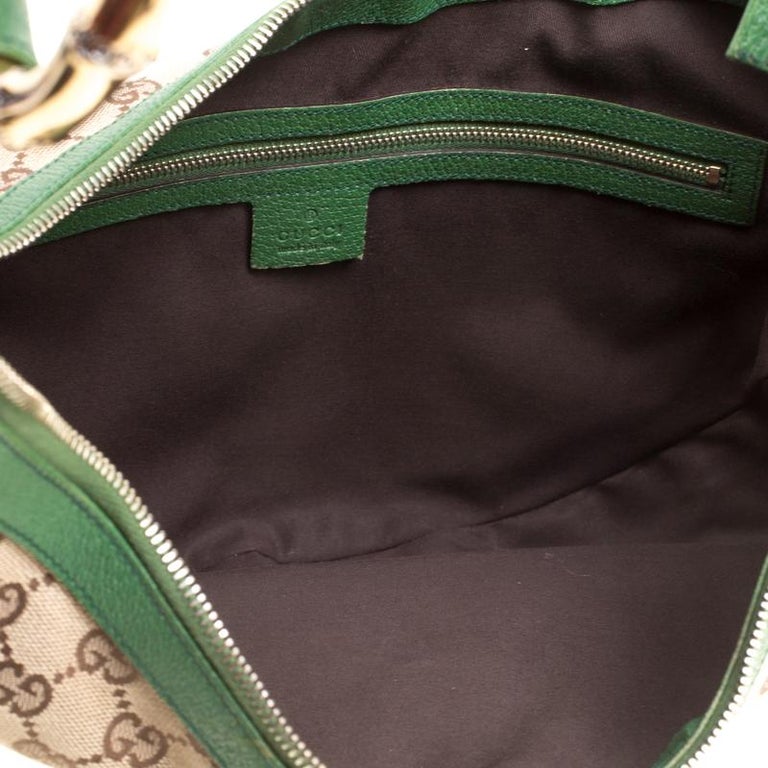 Gucci Beige/Green GG Canvas and Leather Medium Web Bamboo Ring Hobo For ...