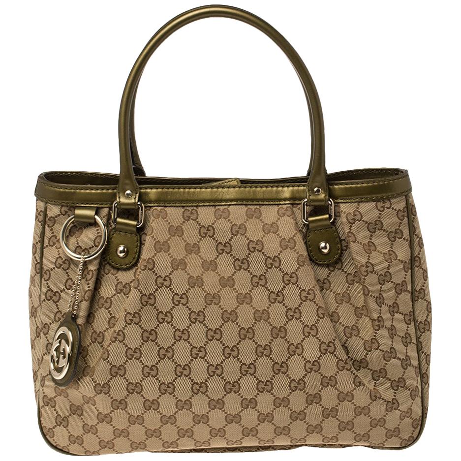 Gucci Beige/Green GG Canvas and Leather Sukey Tote