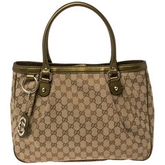 Gucci Beige/Green GG Canvas and Leather Sukey Tote