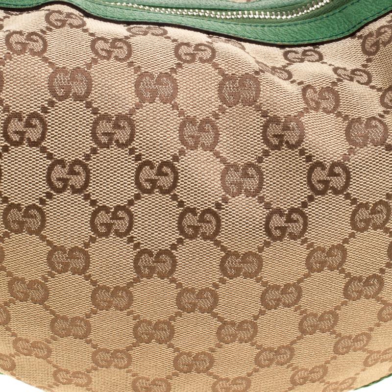 Gucci Beige/Green GG Canvas Medium Web Bamboo Ring Hobo In Good Condition In Dubai, Al Qouz 2