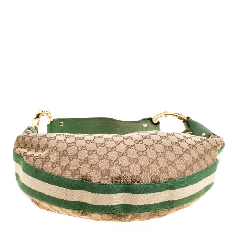 Women's Gucci Beige/Green GG Canvas Medium Web Bamboo Ring Hobo