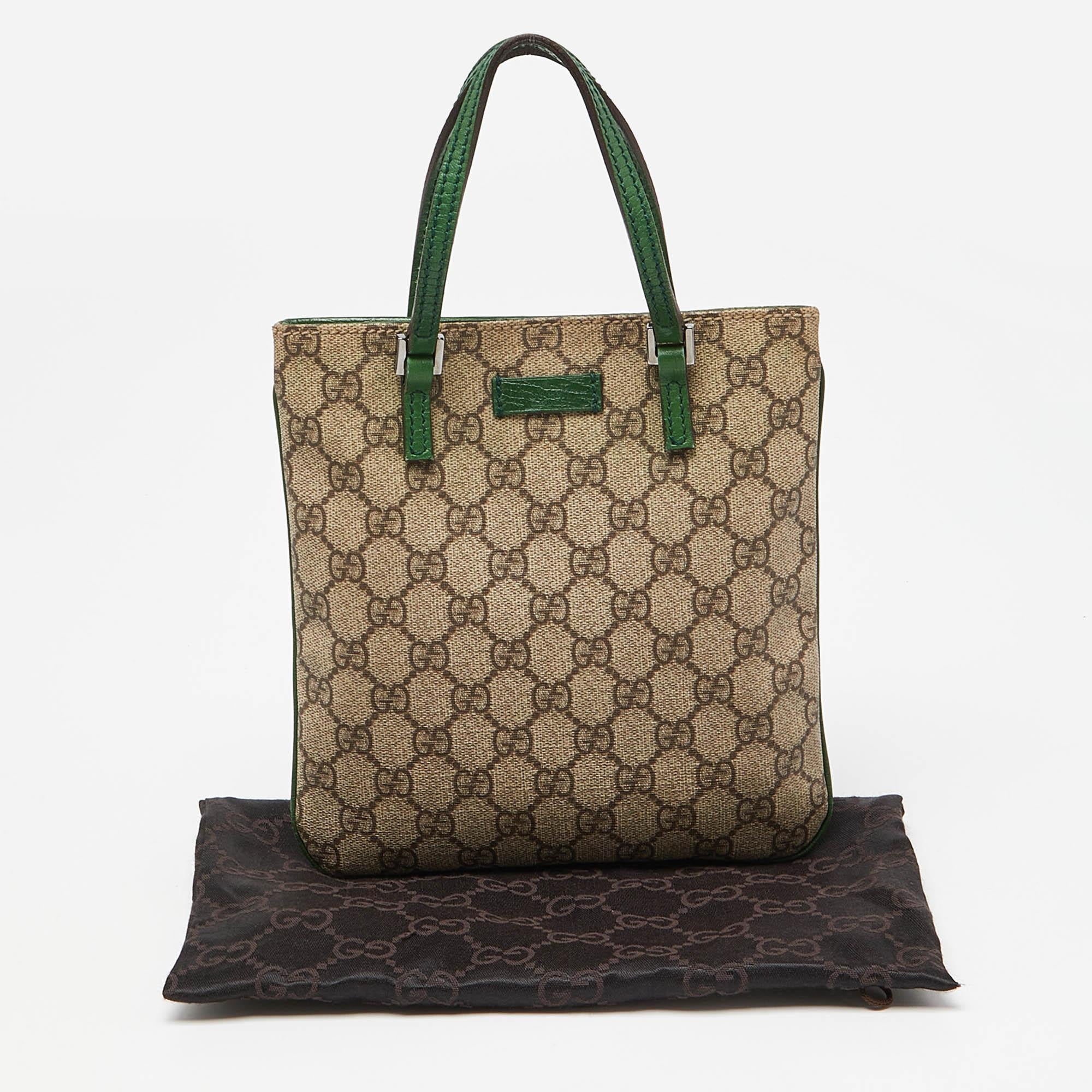 Gucci Beige/Green GG Supreme Canvas and Leather Tote 5