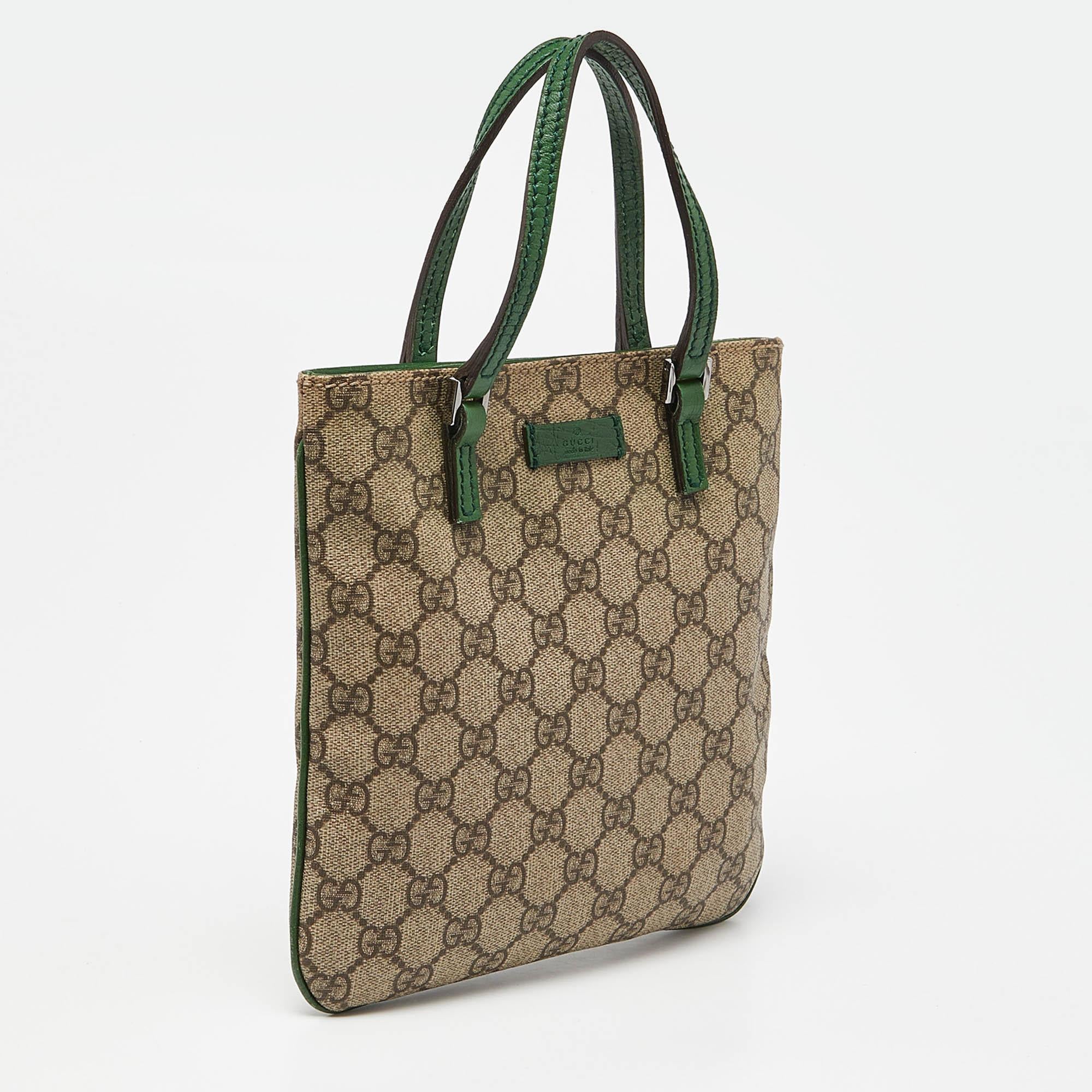 Brown Gucci Beige/Green GG Supreme Canvas and Leather Tote