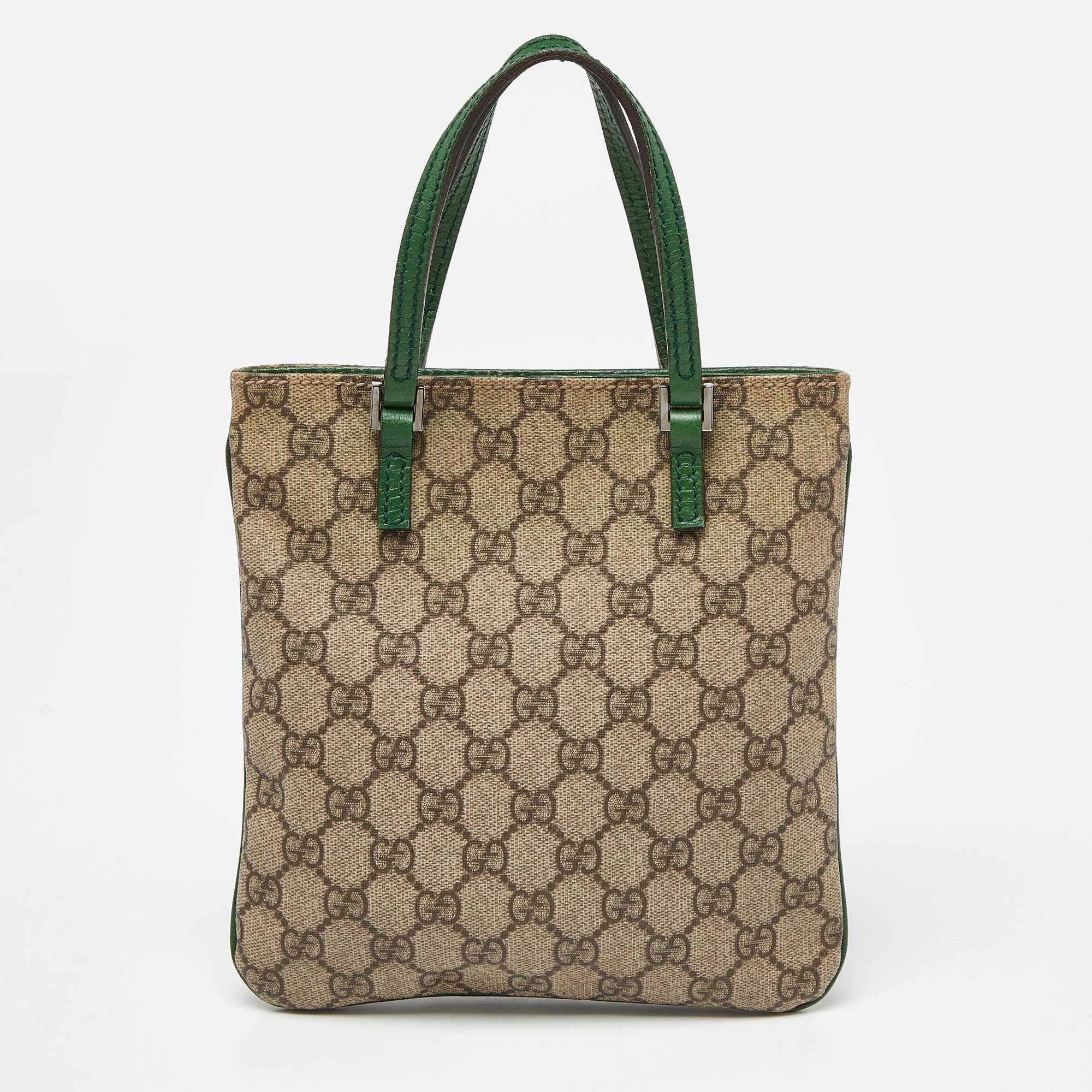 Gucci Beige/Green GG Supreme Canvas and Leather Tote In Good Condition In Dubai, Al Qouz 2