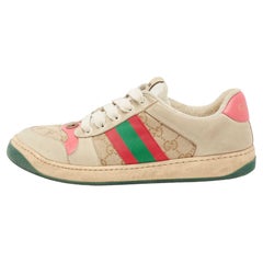 Gucci Beige/Green Nubuck Leather And Canvas Screener Low Top Sneakers Size 39