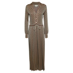 Gucci Beige/Green Patterned Lurex Knit Drawstring Maxi Dress M