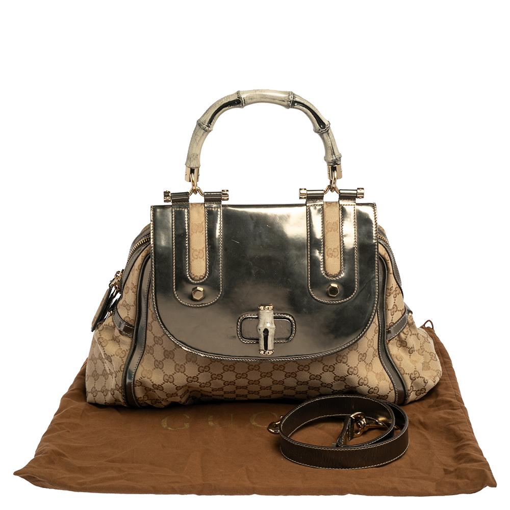 Gucci Beige/Grey Canvas and Leather Bamboo Satchel 2