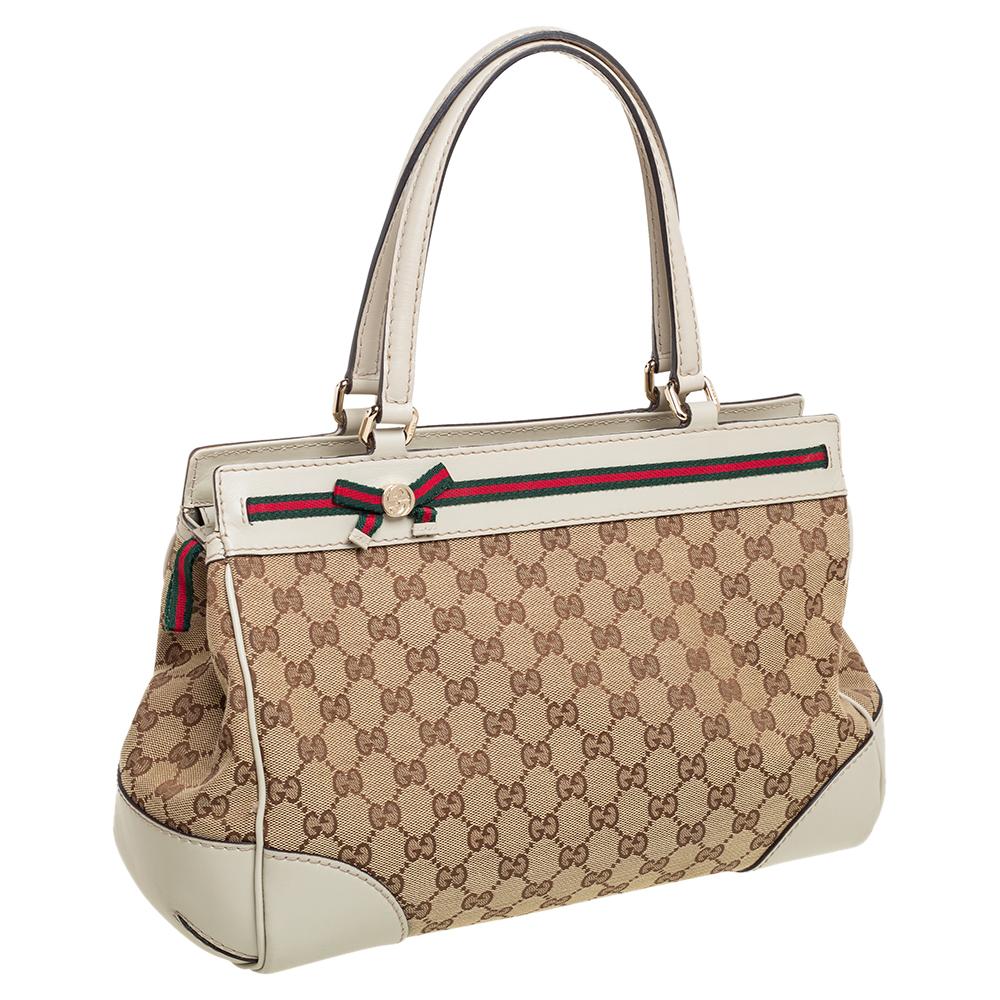 Gucci Beige/Grey GG Canvas and Leather Medium Mayfair Bow Tote 2