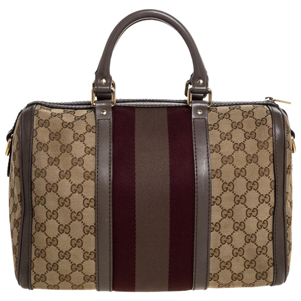 Gucci Beige/Grey GG Canvas and Leather Medium Vintage Web Boston Bag