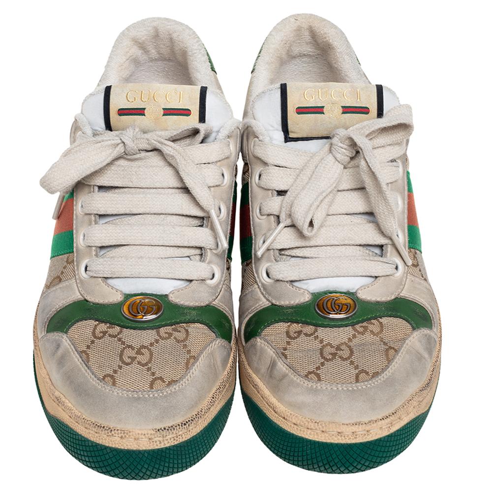 Gucci Beige/Grey GG Canvas and Nubuck Leather Lace Up Sneakers Size 38.5 2