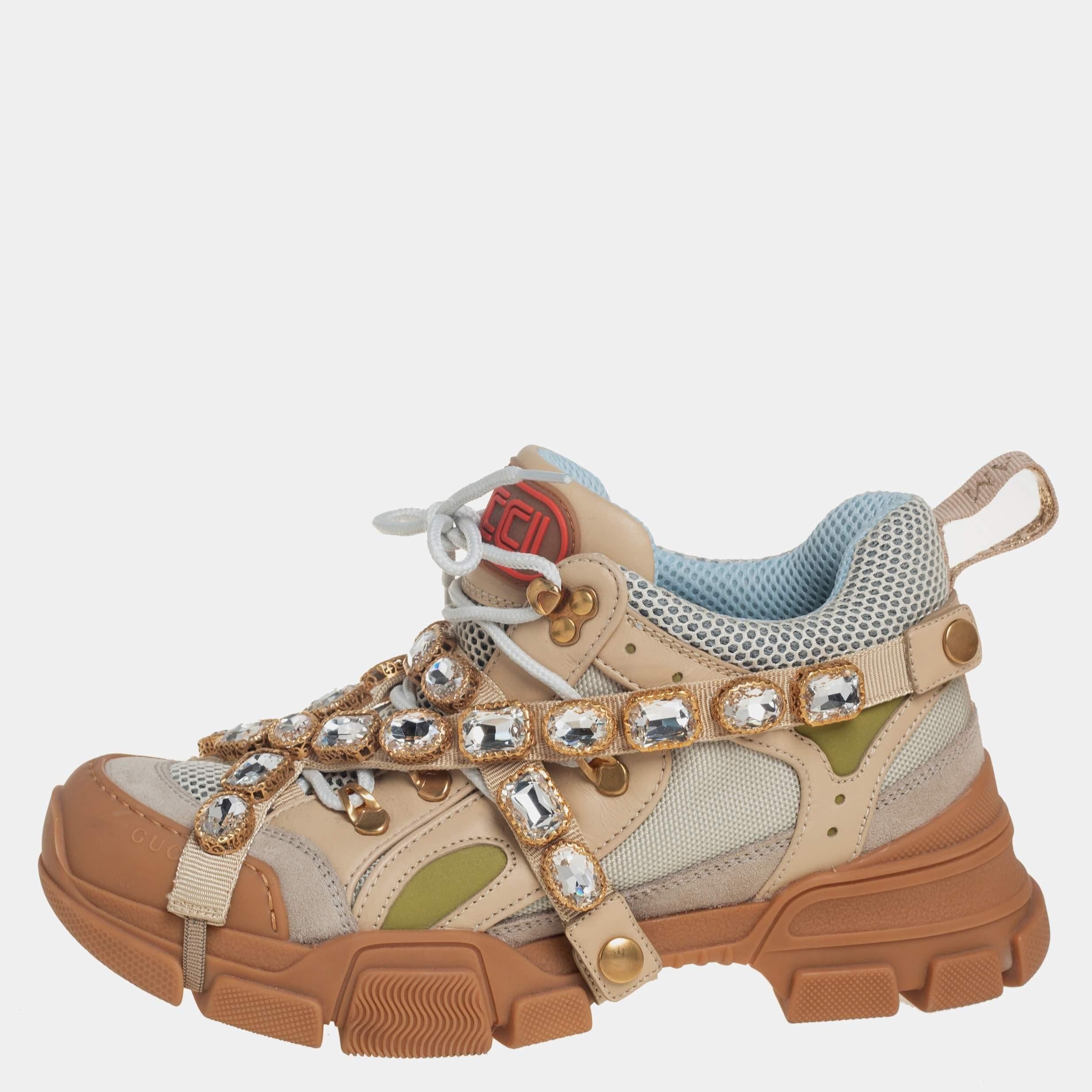 Inspired by hiking, the Gucci Flashtrek sneakers are a stylish take on the chunky shoe trend. Mounted atop a thick sole, these kicks are constructed from leather and mesh and accented with the label’s SEGA-inspired logo on the tongues. These kicks